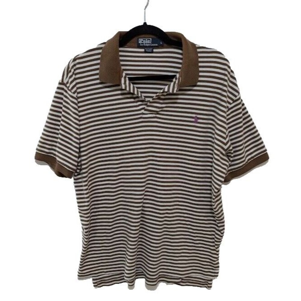 Polo Ralph Lauren Men's Polo Shirt Brown and White Striped Size Large